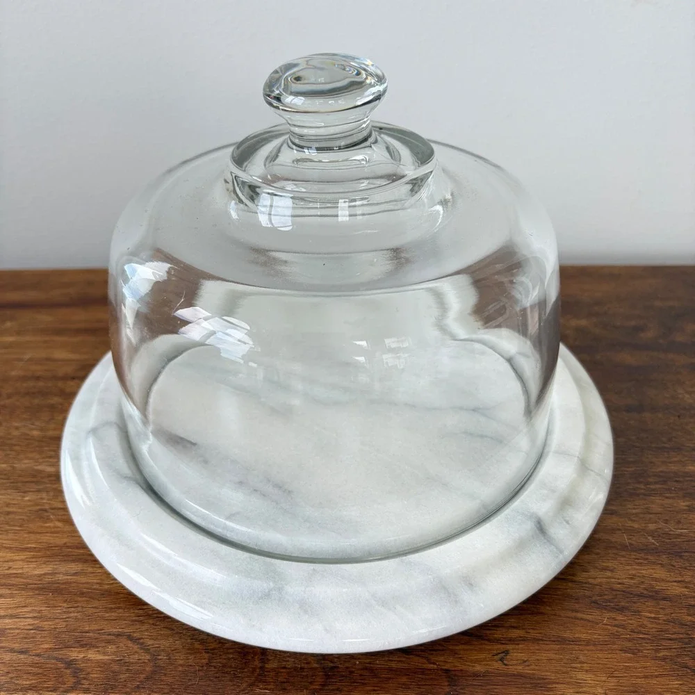 White Marble Cheese Board with Glass Cloche Dome Serving Set 8.5 Inch